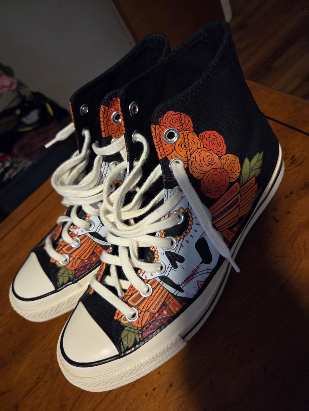 Converse Black High-Top Sneakers with Orange Floral Dia De Los Muertos Art